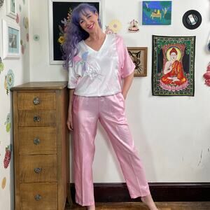 Vintage Pink Swishy Track Suit, 1980s Lightweight Flower Applique Pant Suit, Lg